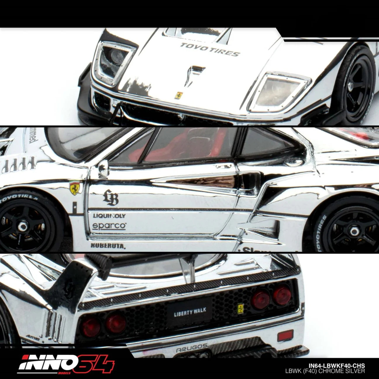 INNO 64 FERRARI F40 LIBERTY WALK SILVER CHROME BEIJING HOBBY EXPO EVENT EXCLUSIVE